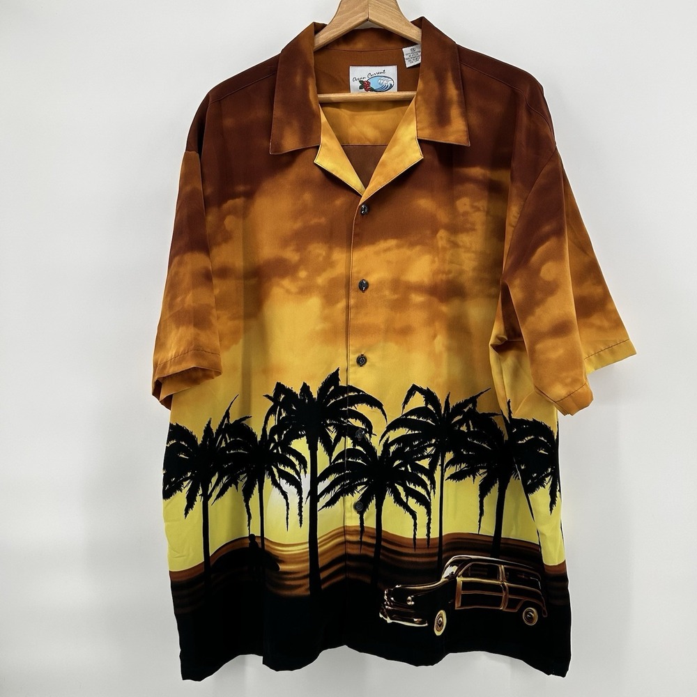 Ocean Current Hawaiian Shirt Mens 2XL Palm Tree Car Camp Sunset Retro‎